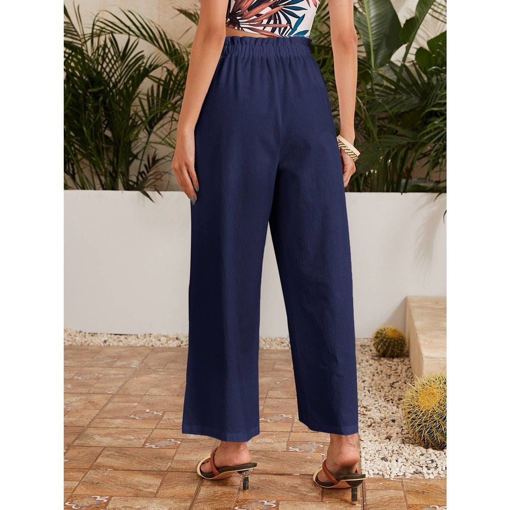 High waisted Frilled Waist Solid Wide Leg Pants green - Picture 4 of 13